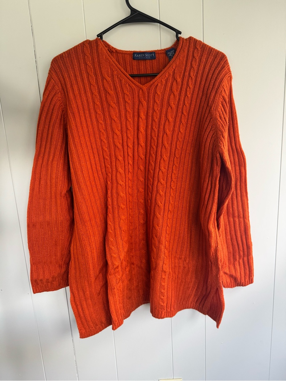 Karen Scott Orange Cable-Knit V-Neck Sweater